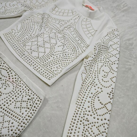Banjul x Nasty Gal ✦ White Studded Skirt Set S ✦ Cropped Top Mini Skirt Zip-Back - Picture 12 of 16